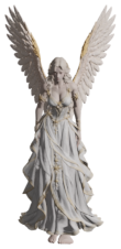 Angel of Protection, seen from the front: a winged angel in a flowing white robe trimmed with gold, wings spread.