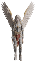 Angel of War, seen from the front: a winged angel in white plate armour with a red tabard, wings spread.