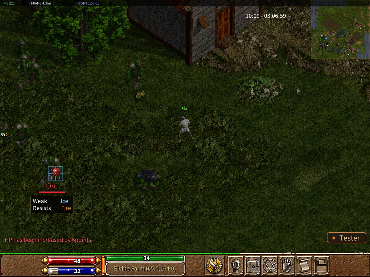 The farm with a building door in view and Orcs nearby.