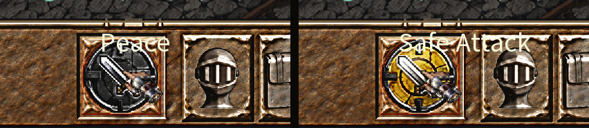 Two close-ups of the round button on the bottom bar with its tooltip: one in peace, one in combat.