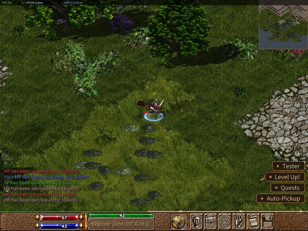 The character hitting a Slime, a damage number floating above the Slime.