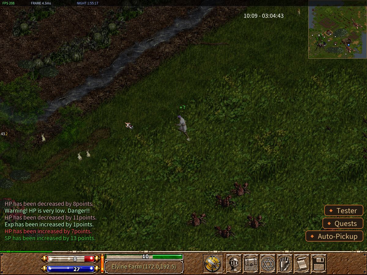 The character with low HP running away from a group of monsters.