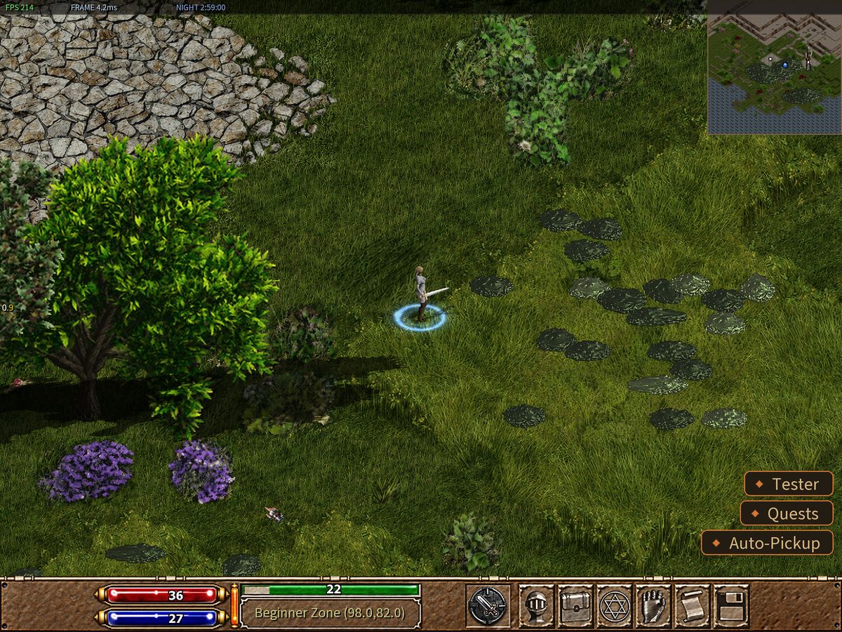 A new character standing in the Beginner Zone next to a Slime, HUD visible, no windows open.