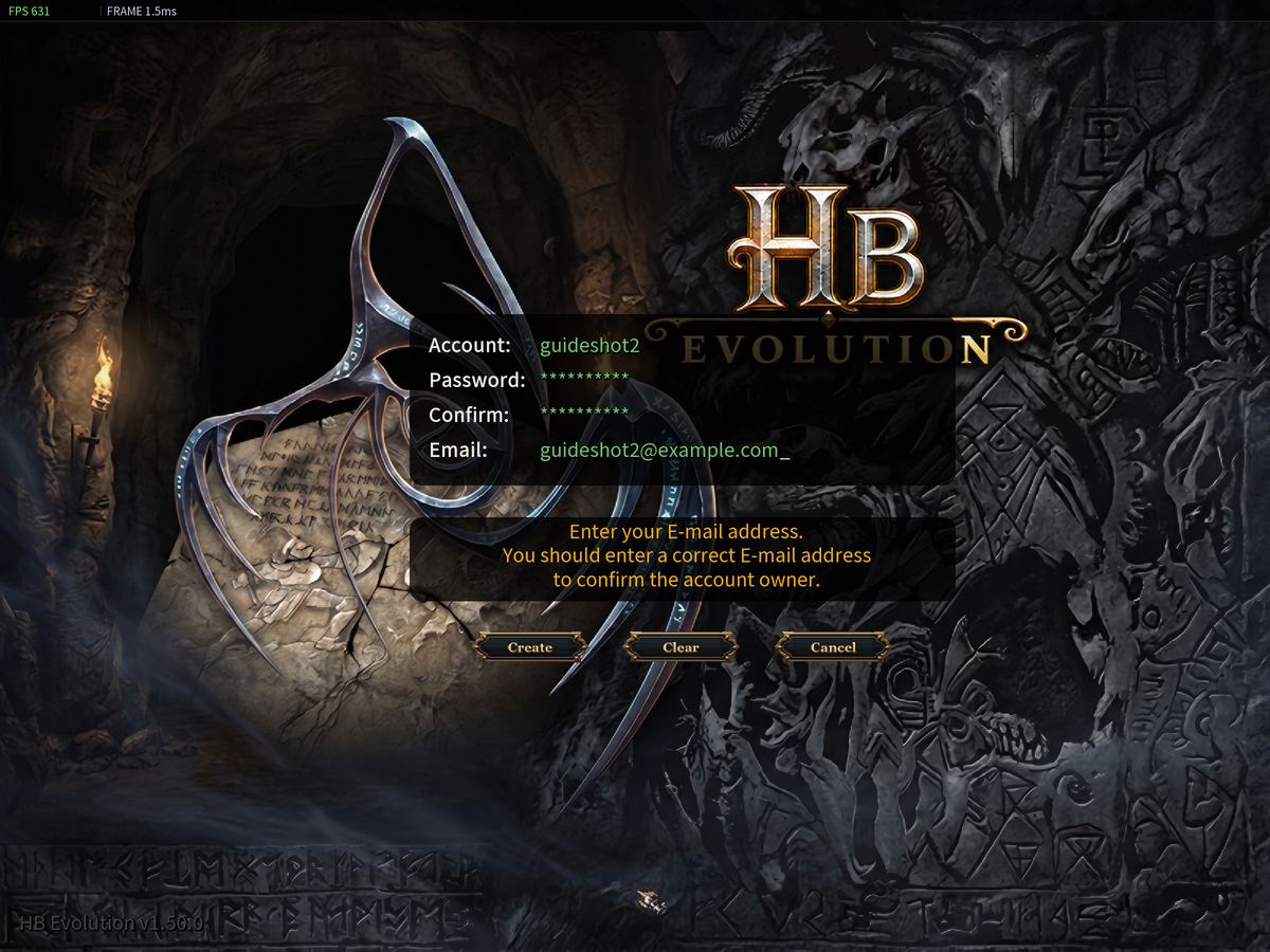 The New Account screen with the four fields filled in with example text.