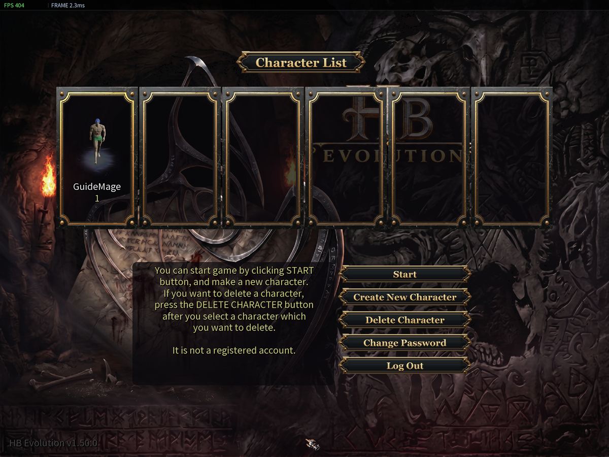 The character list with one new character selected.