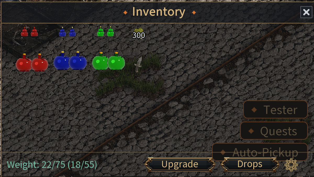 The Inventory window (F6) of a new character.