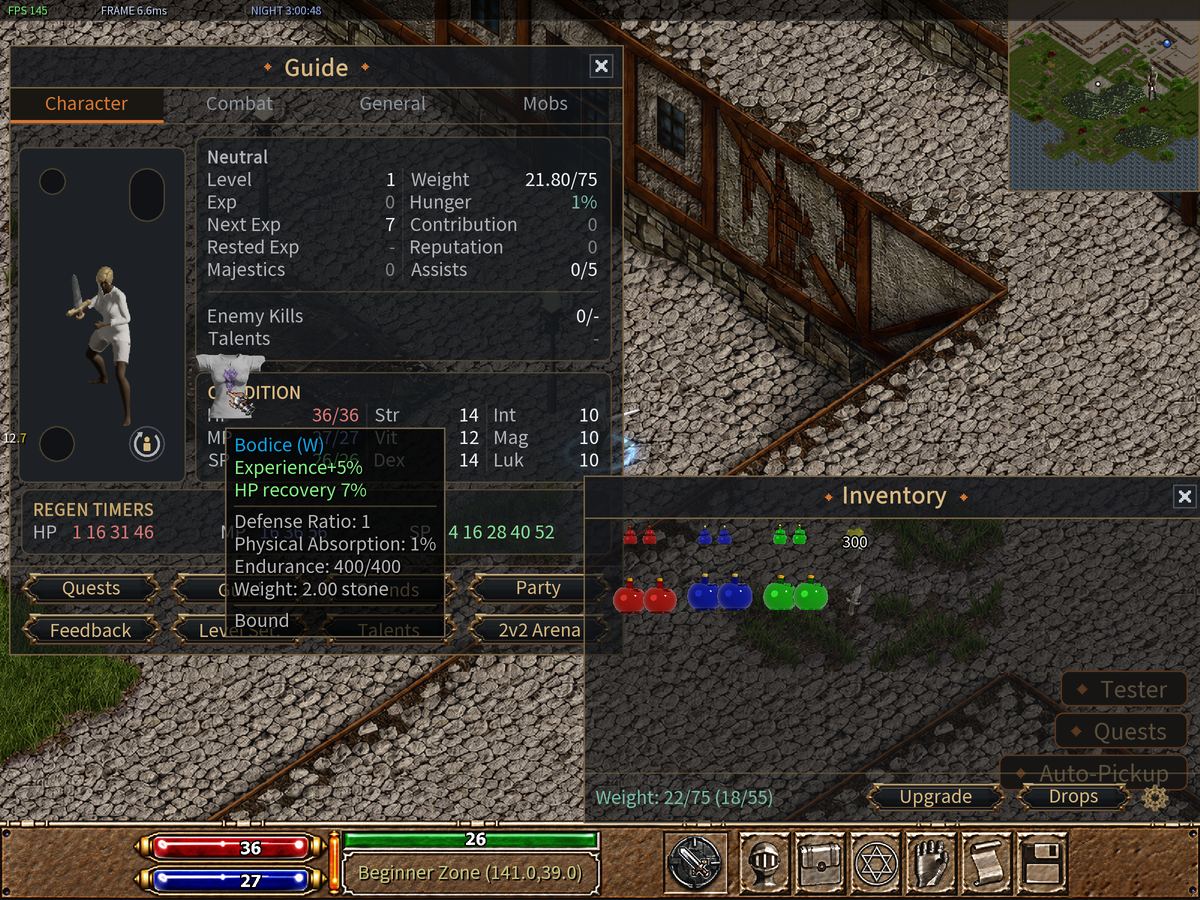 Character (F5) and Inventory (F6) side by side, an item being dragged onto the figure.