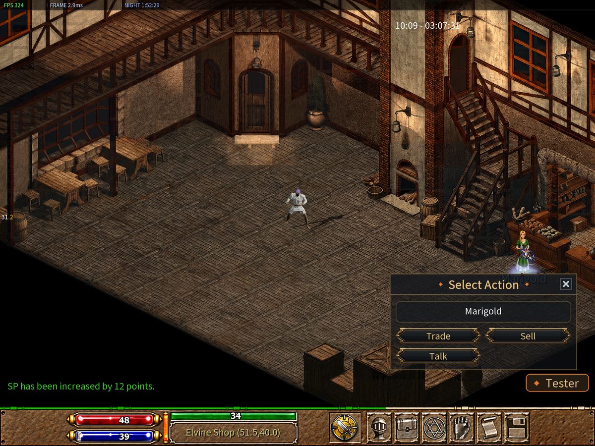 Inside the Shop with the Select Action menu open on Marigold.