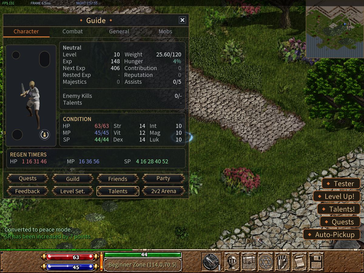 The Character window (F5) with the Level Set. button, and the Level Up! button on the right side of the screen.