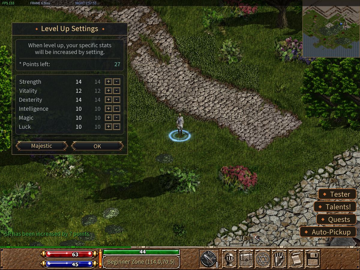 The Level Up Settings window with points left to spend.