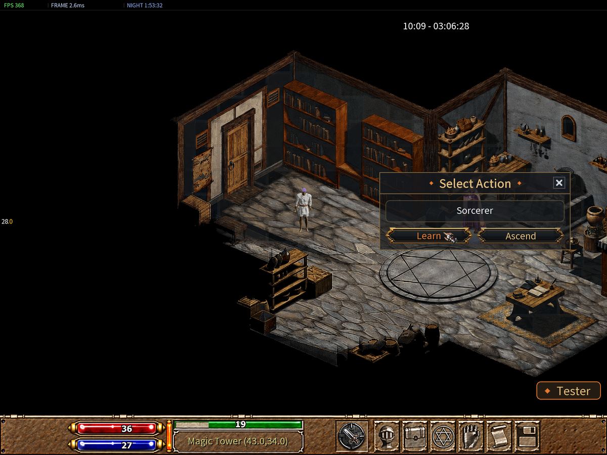 Inside the Magic Tower with the Select Action menu open on the Sorcerer.