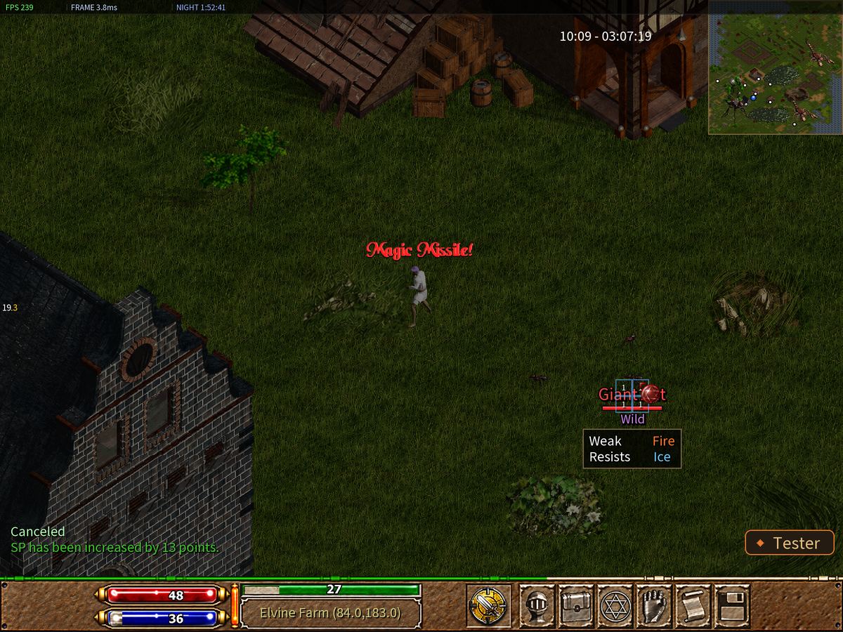The character with the targeting pointer over a Giant Ant, just before the spell is released.