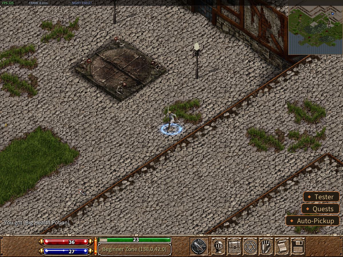 The character walking toward the mouse pointer on open ground.