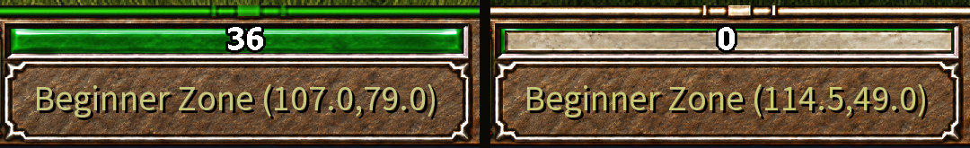 Two close-ups of the green stamina bar side by side: one full, one nearly empty.