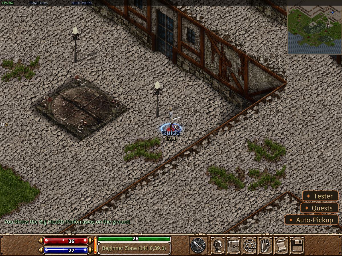 The character standing on a dropped item, mouse pointer on the character.