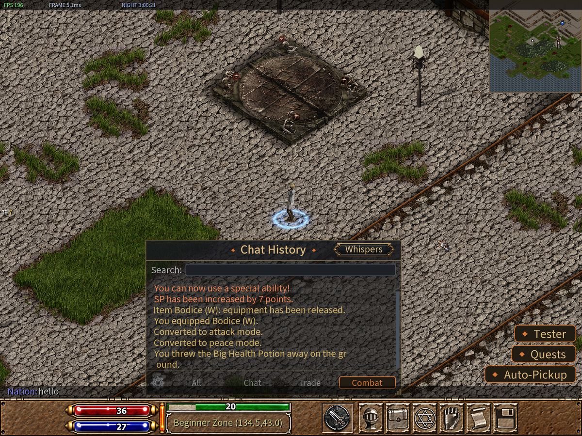 The chat line open with "Nation: hello" on it, and Chat History (F9) open.