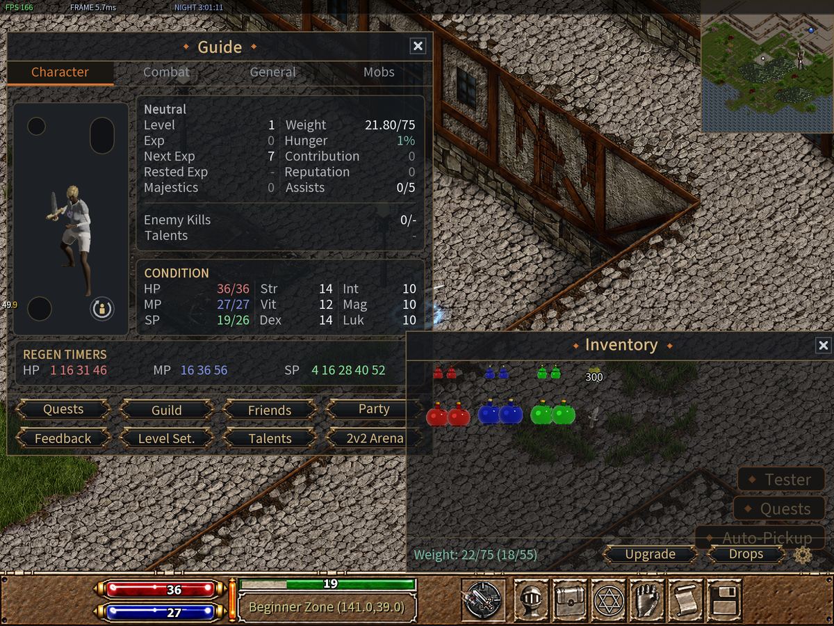 The game with Character (F5) and Inventory (F6) open side by side.
