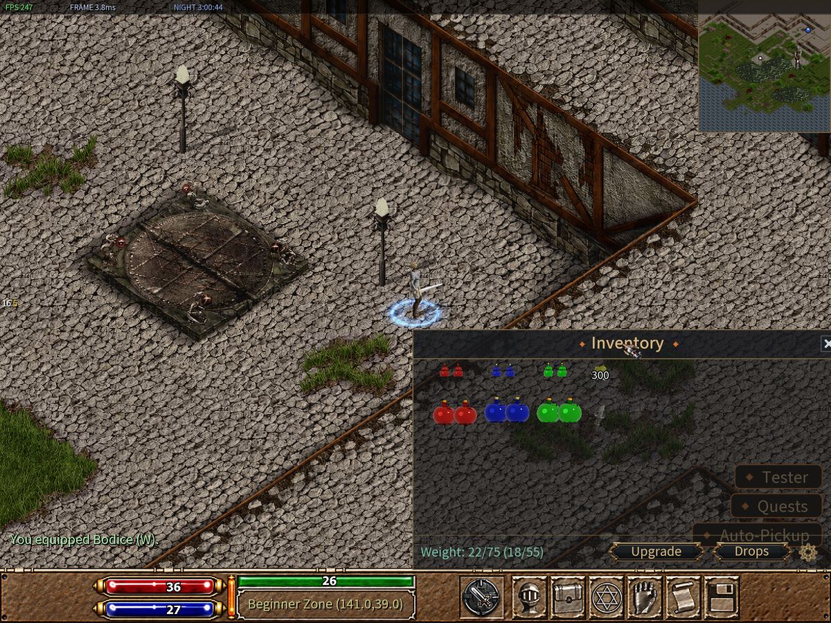 The Inventory window being dragged to the right edge so the character is visible.