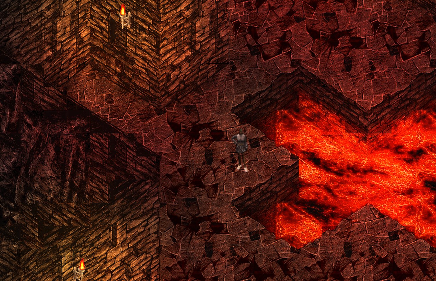 The same lava pit after the Helbreath Evolution remaster: molten rock that glows and lights the walls, torches casting their own light, and stonework with real depth.