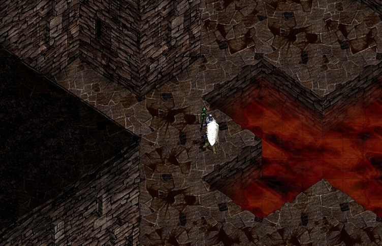 The same lava pit rendered with the original client artwork: flat orange lava, low-resolution rock and no light coming off it.